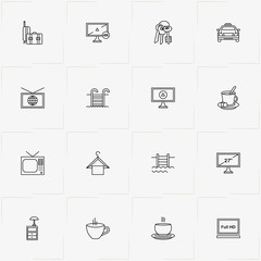 Hotel line icon set with swimming pool ladder, television and keys