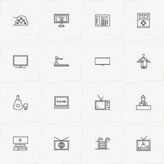 Hotel line icon set with television, bed and swimming pool ladder