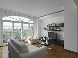 interiors shots of a modern living room in the foreground the fabric sofa the floor is made of wood