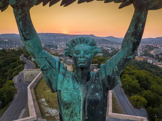 Budapest, Hungary - Aerial view of the Statue of Liberty at sunset