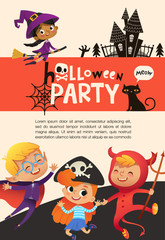 Fototapeta na wymiar Flyer or poster template with cute happy little boys and girls dressed in halloween costumes and place for text. Colorful holiday vector illustration in flat cartoon style for party announcement.