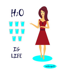 A girl in a red dress shows that it is useful to drink 8 glasses of water a day. Healthy lifestyle. illustration.