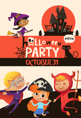 Naklejka premium Szablon zaproszenia na imprezę halloweenową z uroczymi radosnymi dziećmi ubranymi w świąteczne kostiumy wiedźmy, wampira, diabła i pirata. Kolorowe ilustracji wektorowych w stylu cartoon płaskie na ogłoszenie o wydarzeniu.