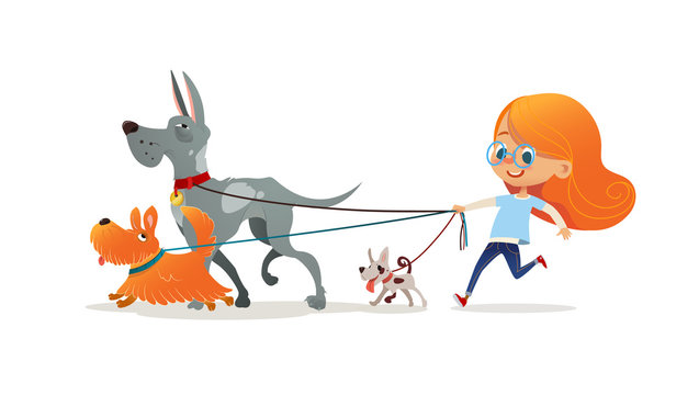 Little redhead girl walking three dog on leash. Cute child running with doggies. Adorable kid with red hair and her pets isolated on white background. Flat cartoon colorful vector illustration.