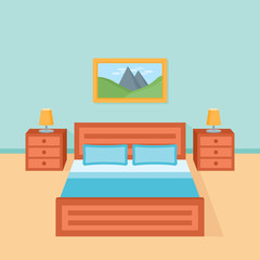 Bedroom interior with bed, nightstand and lamp. Hotel room. Flat style vector illustration.