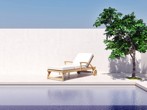 swimming pool with blue sky sun tree computer generated image 3d rendering illustration