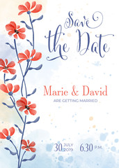 Beautiful wedding invitation with watercolor flowers. Save de date card