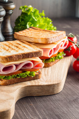 Close-up of two sandwiches with bacon, salami, prosciutto and fresh vegetables on rustic wooden cutting board. Club sandwich concept.