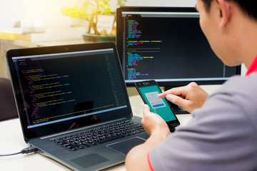 Developing programming and coding technologies on desk white, Website design, Programmer working in a software develop company office,Data processing center.