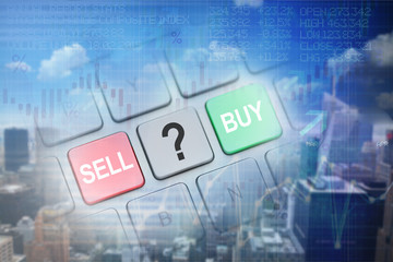Buy or sell decision on stock market with candlestick abstract background and blurred Financial District
