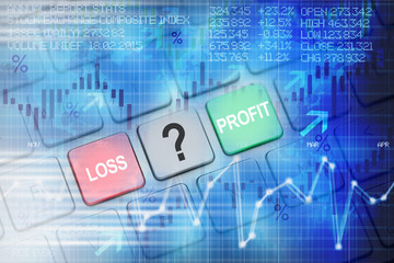 Loss or profit on stock market with candlestick as abstract background and computer key with text and question mark

