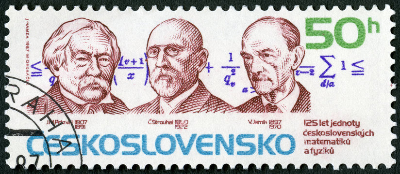 CZECHOSLOVAKIA - 1987: shows M.Petzval (1807-1891), J.Strouhal (1850-1922) and V.Jarnik (1897-1970), Union of Czechoslovakian Mathematicians and Physicists