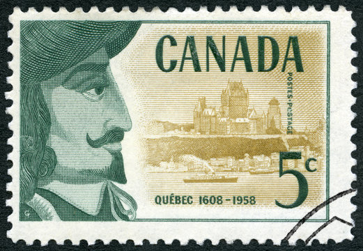 CANADA - 1958: shows Samuel de Champlain (1574-1635) and view of Quebec Founding of Quebec
