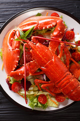 Cooked sea lobster with fresh vegetable salad on a plate close-up on the table. Vertical top view from above