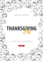 Thanksgiving day with Pumpkin. For shopping sale, promo poster and frame leaflet, web banner. Vector illustration template.