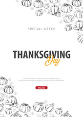 Thanksgiving day with Pumpkin. For shopping sale, promo poster and frame leaflet, web banner. Vector illustration template.