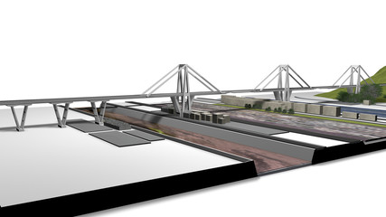 Modello tridimensionale del ponte Morandi di Genova, Liguria, Italia, illustrazione, 3D rendering - obrazy, fototapety, plakaty