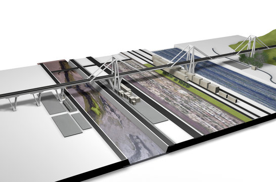 Modello tridimensionale del ponte Morandi di Genova, Liguria, Italia, illustrazione, 3D rendering