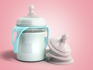 the baby bottle with milk 3d render on pink