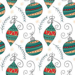 Christmas pattern in hand drawn design. Christmas tree balls with ornament. Vector pattern.