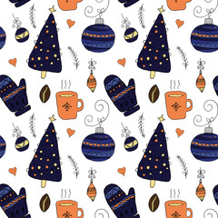 Christmas seamless pattern in hand drawn cute style. Vector objects in blue and orange colors.