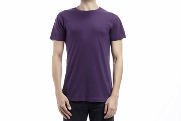Man wearing a printable tshirt in purple color for mockup over white background