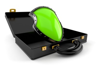 Protective shield inside open briefcase
