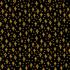 Hand Drawn golden stars. Seamless pattern with gold stars. Gift wrap, print, cloth, cute background for a card. Gold star on black background.