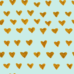 Hand Drawn golden hearts. Seamless mint pattern with gold hearts. Valentine's Day. Gift wrap, print, cloth, cute background for a card. Gold heart on mint background. 