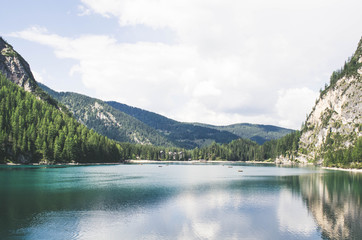 panoramic view on lake braies, italy