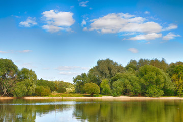 Obraz premium Beautiful summer landscape with a lake, trees and blue sky