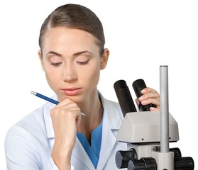 Young Female Scientist Working with Microscope on white