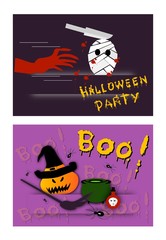 Illustration Set of Happy Jack-o-Lantern Pumpkin Witch and Mummy on Spooky Background For Halloween Celebration Party.