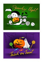 Illustration Set of Happy Jack-o-Lantern Pumpkins and Evils Spooky Background For Halloween Celebration Party.