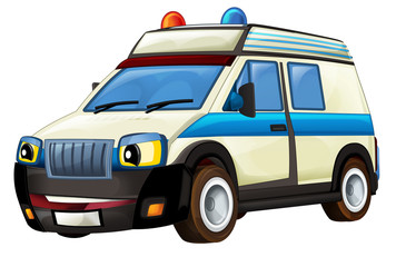 cartoon scene with happy ambulance truck on white background - illustration for children