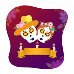 Greeting card design with skulls or calaveras and blank ribbon for your message on purple floral background for celebration concept.