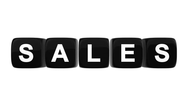 Sales text word on black glossy cubes 3D animation on white background