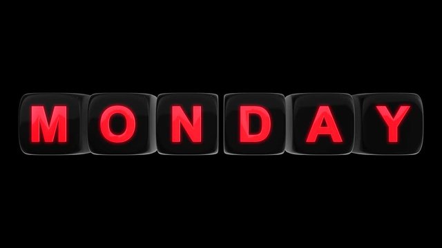 Monday red glowing text word on black glossy cubes 3D animation on black background