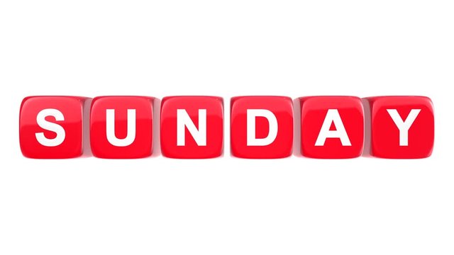 Sunday text word on red glossy cubes 3D animation on white background