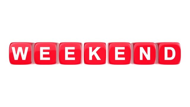 Weekend text word on red glossy cubes 3D animation on white background