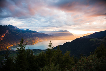 Sunset view of Thun lake in Interlaken from Harder Kulm observation point in Switzerland