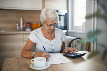 Stressed Senior woman checking finance with calculator at home