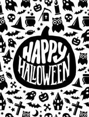 Happy Halloween. Holiday background with hand lettering text on pumpkin. Vector banner template with jack o lantern, bats, ghost, skull signs and other scary icons.