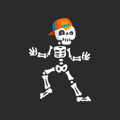 Creepy skeleton character in baseball cap dancing rap vector Illustration