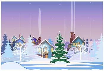 Poster Winterlandschap met huisjes en versierde dennenboom © PCH.Vector