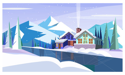 Obraz na płótnie Canvas Winter landscape with mountains, frozen river and cottages