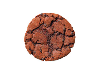Chocolate cookie with chocolate isolated on white background. Sweet biscuits. Fresh baked chocolate chip cookie with crumbs