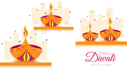 Poster or banner design with paper cut style illuminated oil lamps on white background for Festival Of Light Diwali celebration.