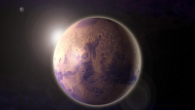 4K Animation of a realistic mars planet with sun flare in space