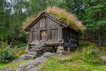 Old traditional Norwegian storehouse with green grass on the roof at picturesque forest background, Kristiansand, Norway